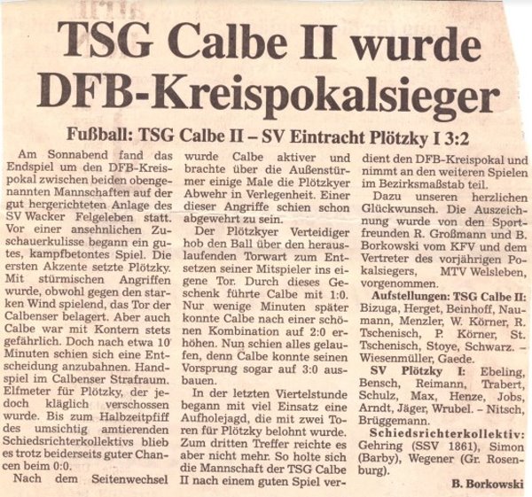 Zeitungsbericht vom Kreispokalsieg der Zweiten.