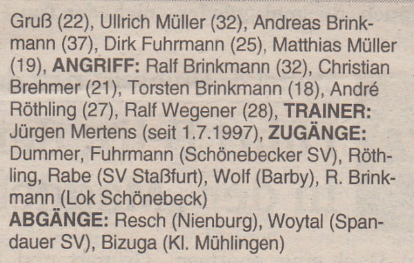 Volksstimme-Sonderausgabe zur Saison 1997/1998 (Kader).