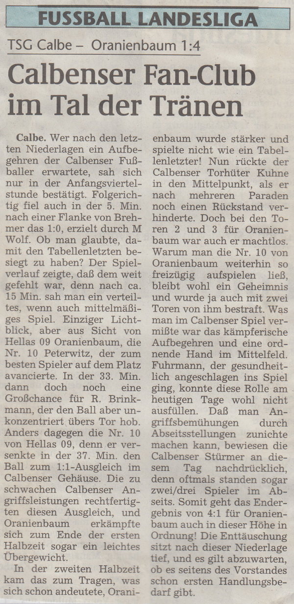 Volksstimme-Bericht vom 13. Spieltag der Landesligasaison 1997/1998.