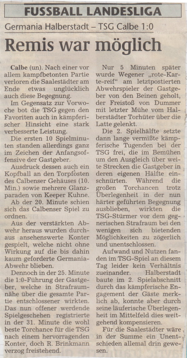 Volksstimme-Bericht vom 14. Spieltag der Landesligasaison 1997/1998.