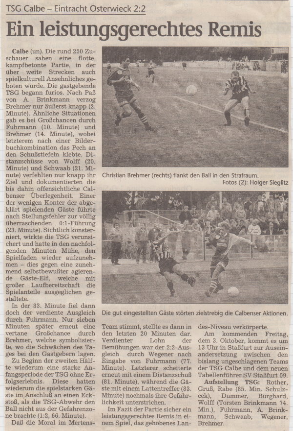 Volksstimme-Bericht vom 6. Spieltag der Landesligasaison 1997/1998.