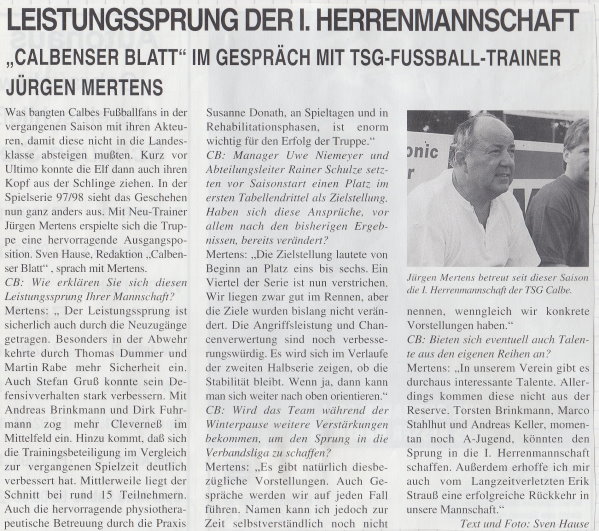 Interview mit TSG-Trainer Jürgen Mertens im Calbenser Blatt.