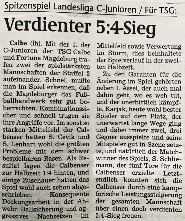 Artikel über den starken 5:4-Sieg gegen den abschließenden Tabellenzweiten der Landesligasaison 1998/1999.