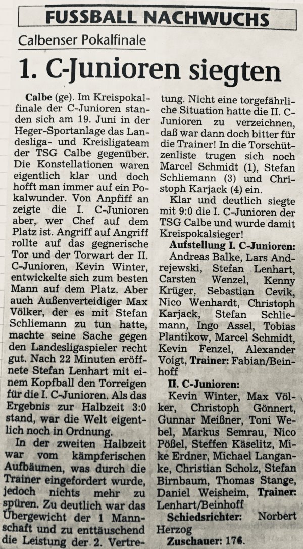 Artikel zum Kreispokalfinale zwischen der ersten und zweiten Vertretung der C-Jugend der TSG Calbe.