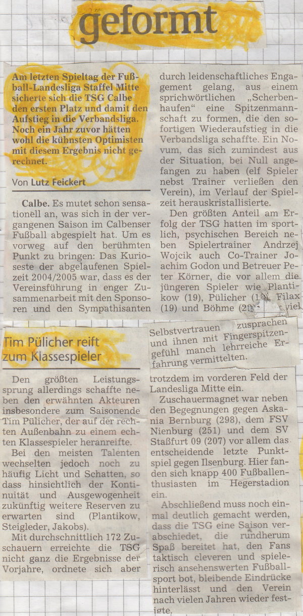 Volksstimme-Artikel zur Aufstiegssaison 2004/2005 (Teil 1).